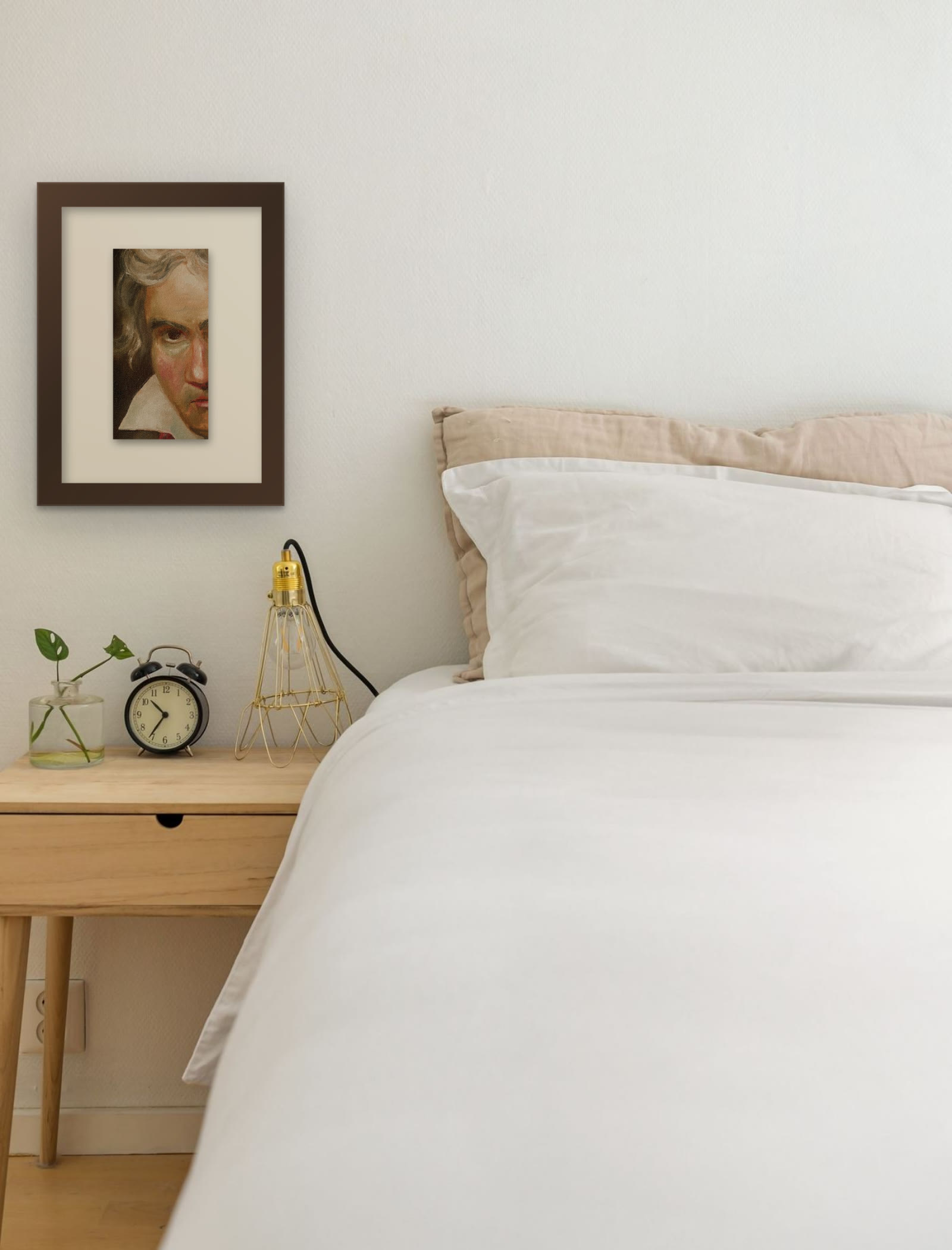 Beethoven with the Manuscript of the Missa Solemnis, hand-painted oil painting after Joseph Karl Stieler by Riya Kumari, framed beside a bed