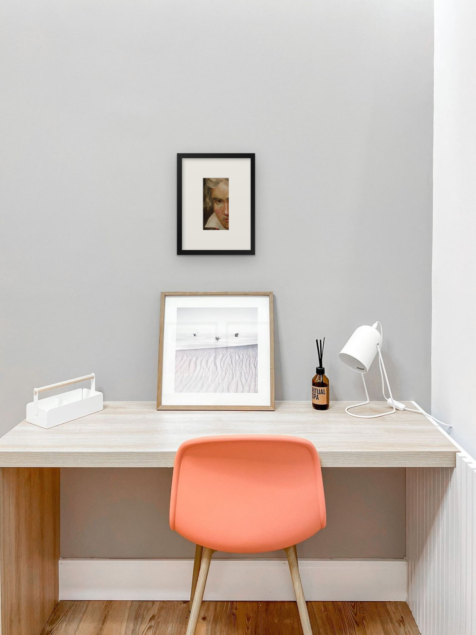Beethoven with the Manuscript of the Missa Solemnis, art print after Joseph Karl Stieler by Riya Kumari, framed above a desk