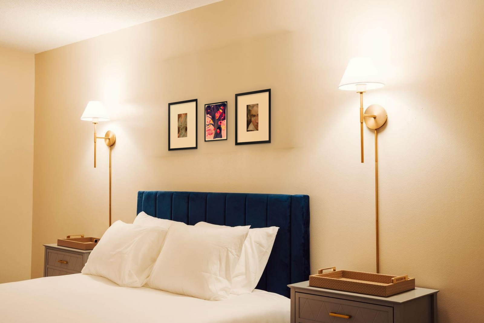 Home is Where the Heart Is, art print by Riya Kumari, framed above a hotel bed, with two other prints