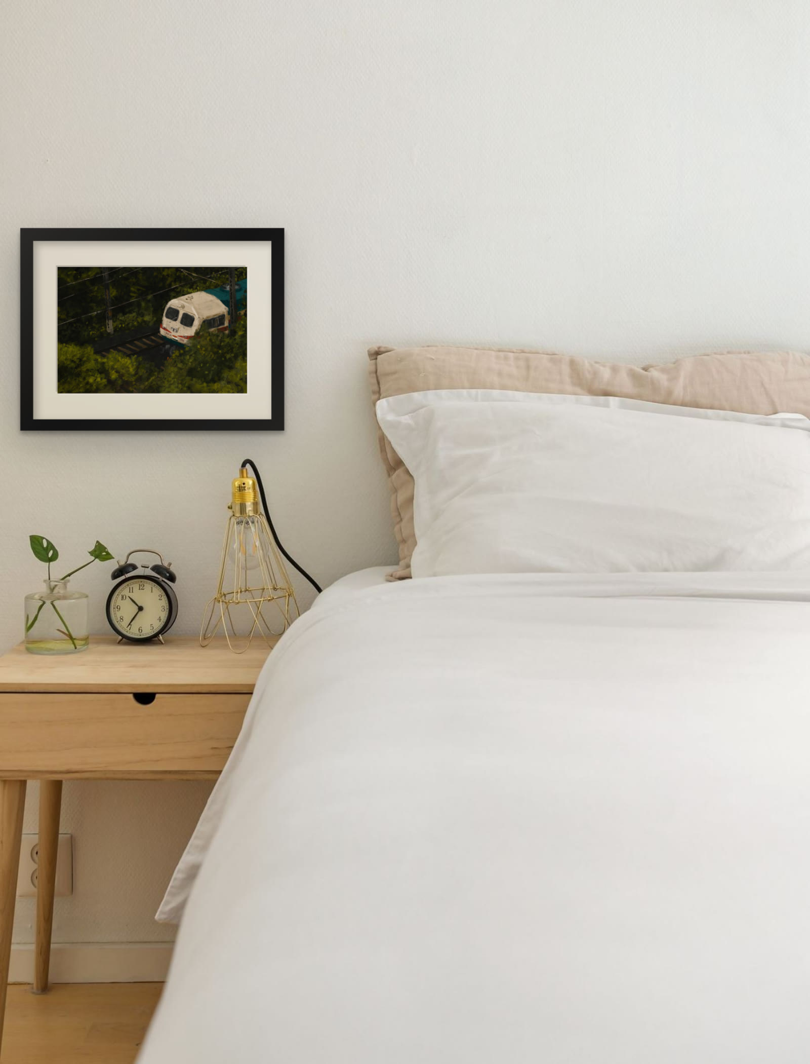 Maalgaadi, art print by Riya Kumari, framed beside a bed