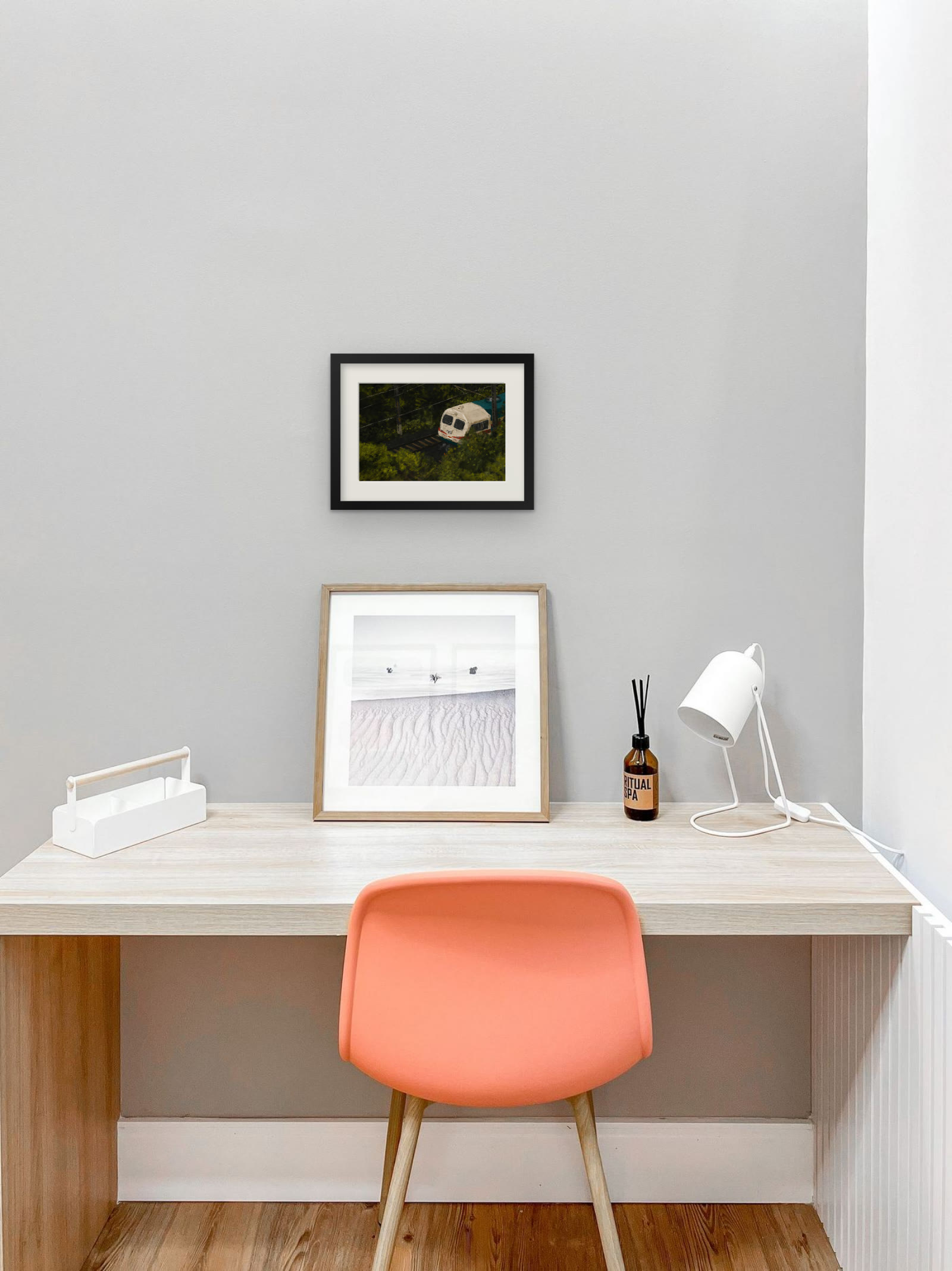 Maalgaadi, art print by Riya Kumari, framed above a desk