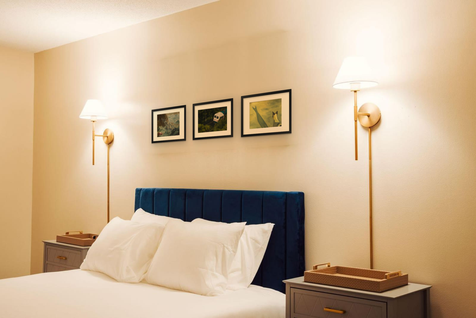 Maalgaadi, art print by Riya Kumari, framed above a hotel bed, with two other prints