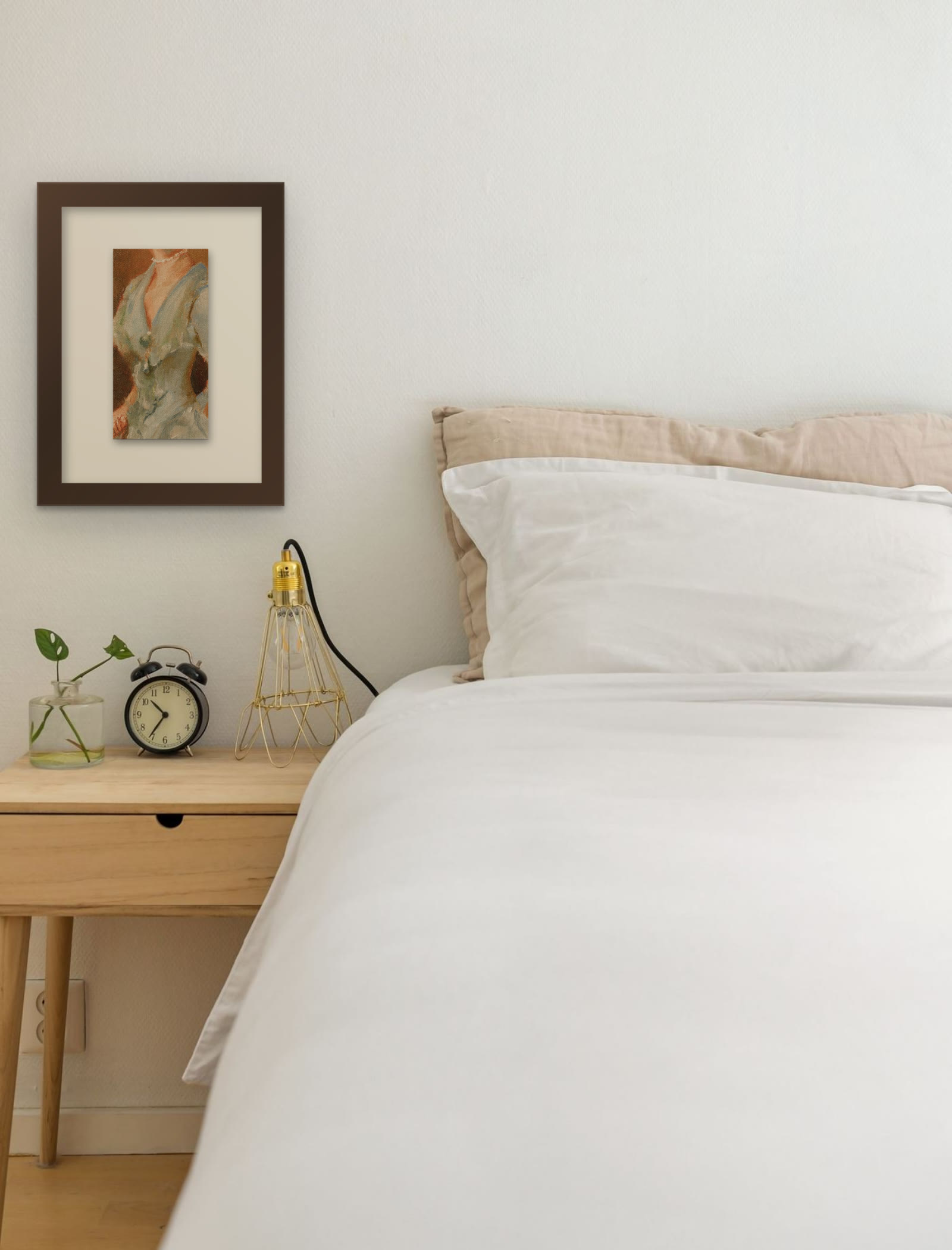 Mrs Henry White, hand-painted oil painting after John Singer Sargent by Riya Kumari, framed beside a bed