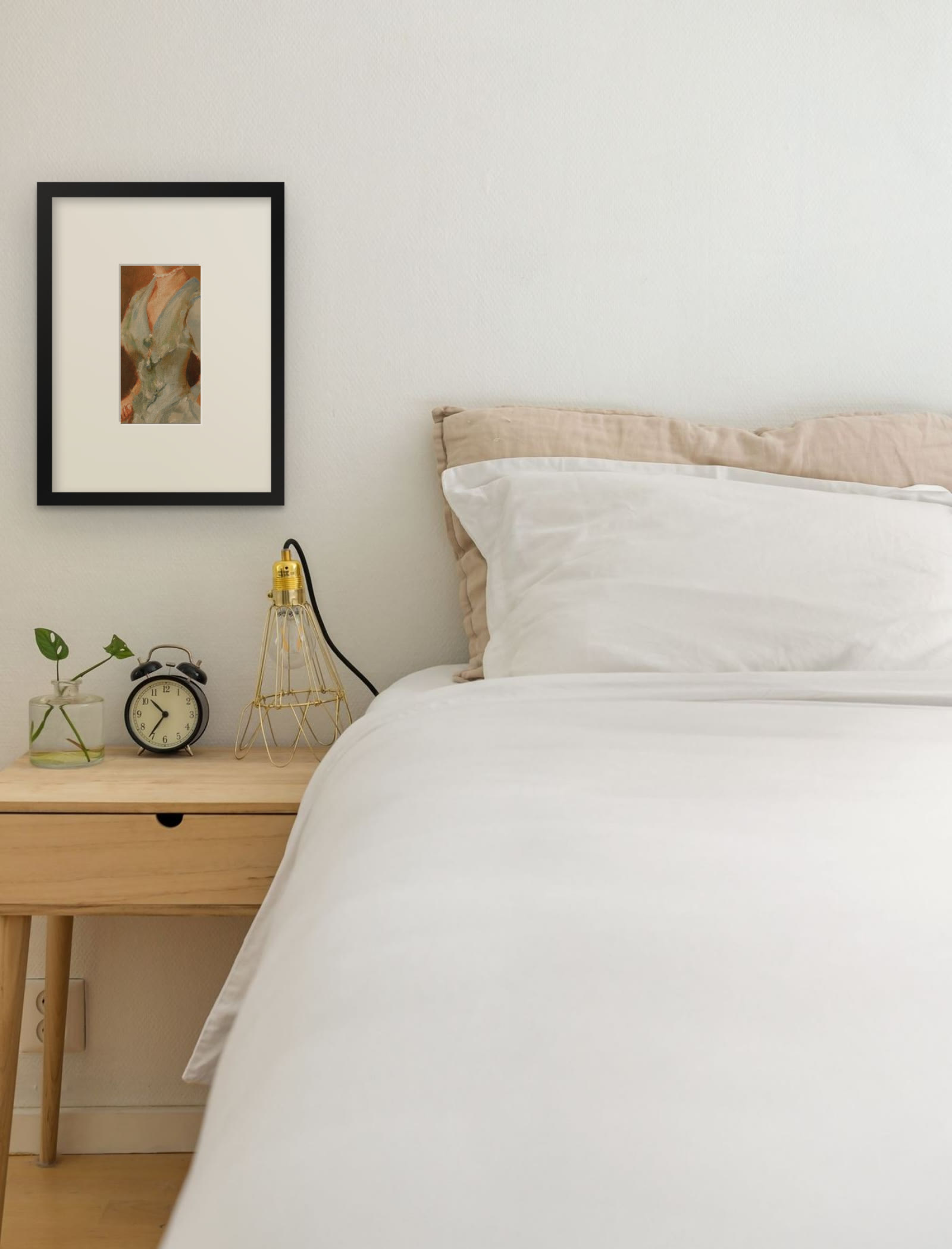 Mrs Henry White, art print after John Singer Sargent by Riya Kumari, framed beside a bed