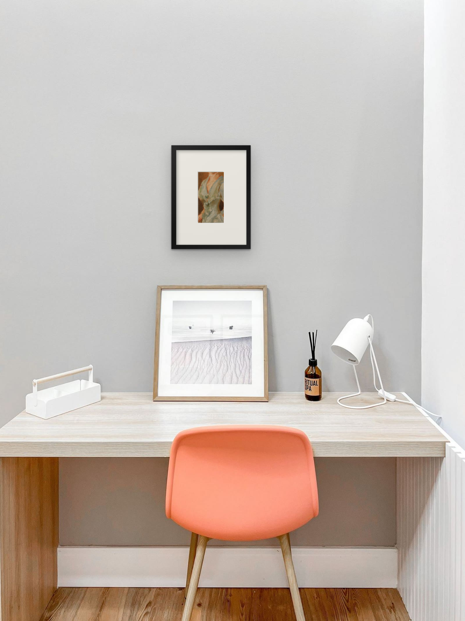 Mrs Henry White, art print after John Singer Sargent by Riya Kumari, framed above a desk