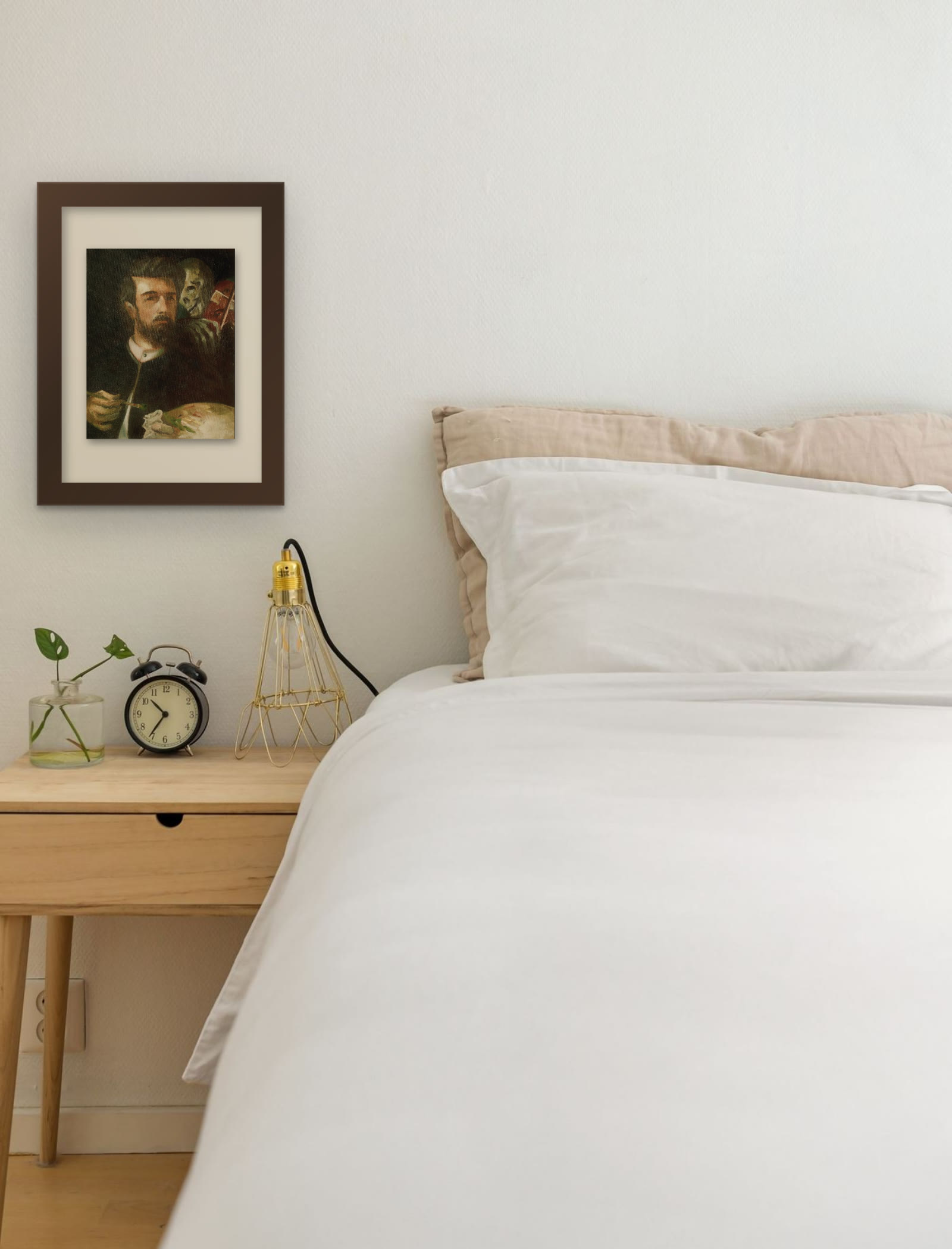 Self-Portrait with Death Playing the Fiddle, hand-painted oil painting after Arnold Böcklin by Riya Kumari, framed beside a bed