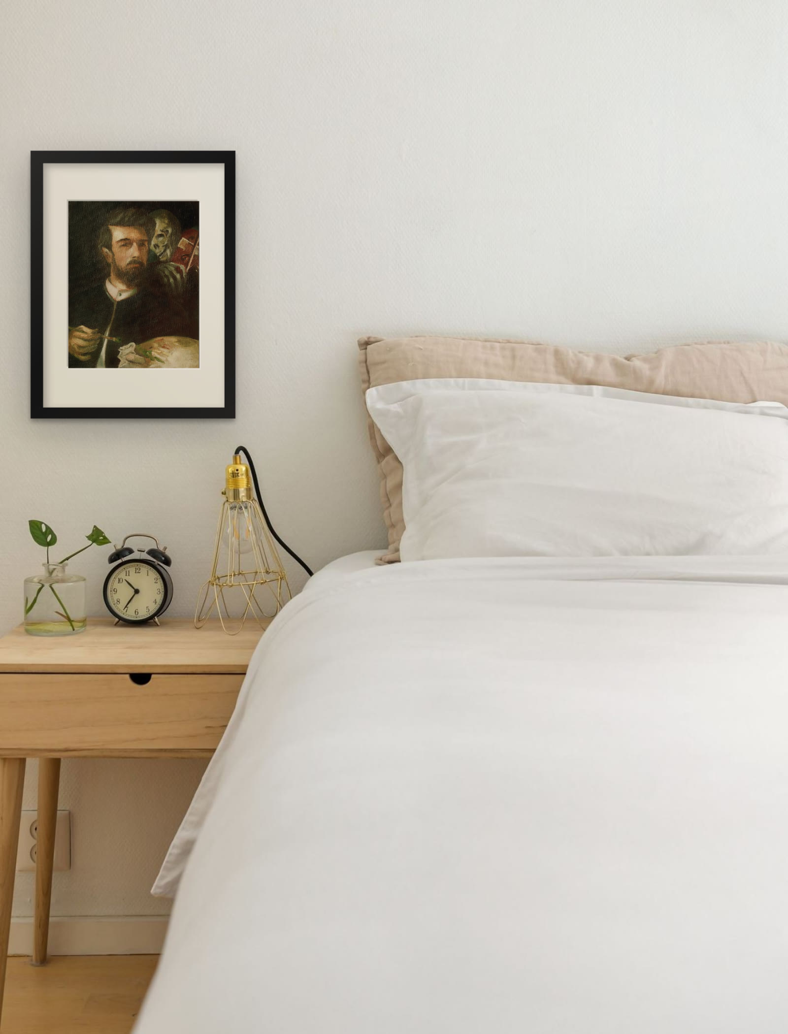 Self-Portrait with Death Playing the Fiddle, art print after Arnold Böcklin by Riya Kumari, framed beside a bed
