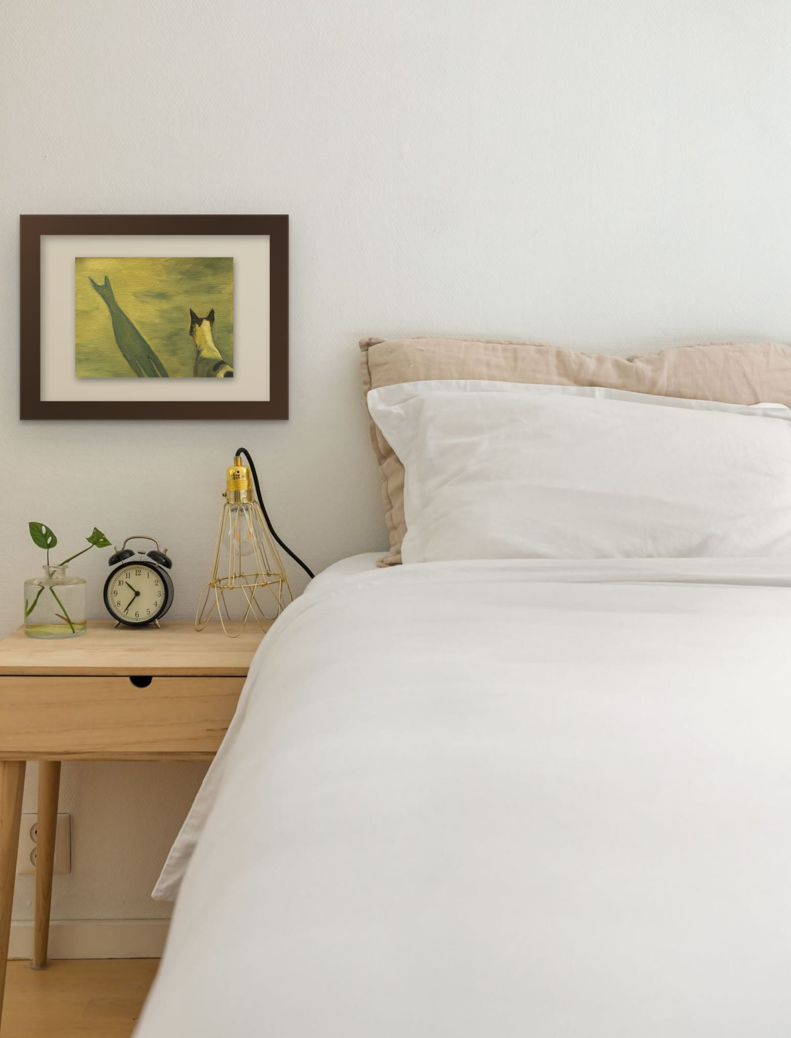 The Dog and his Shadow, original painting by Riya Kumari, framed beside a bed