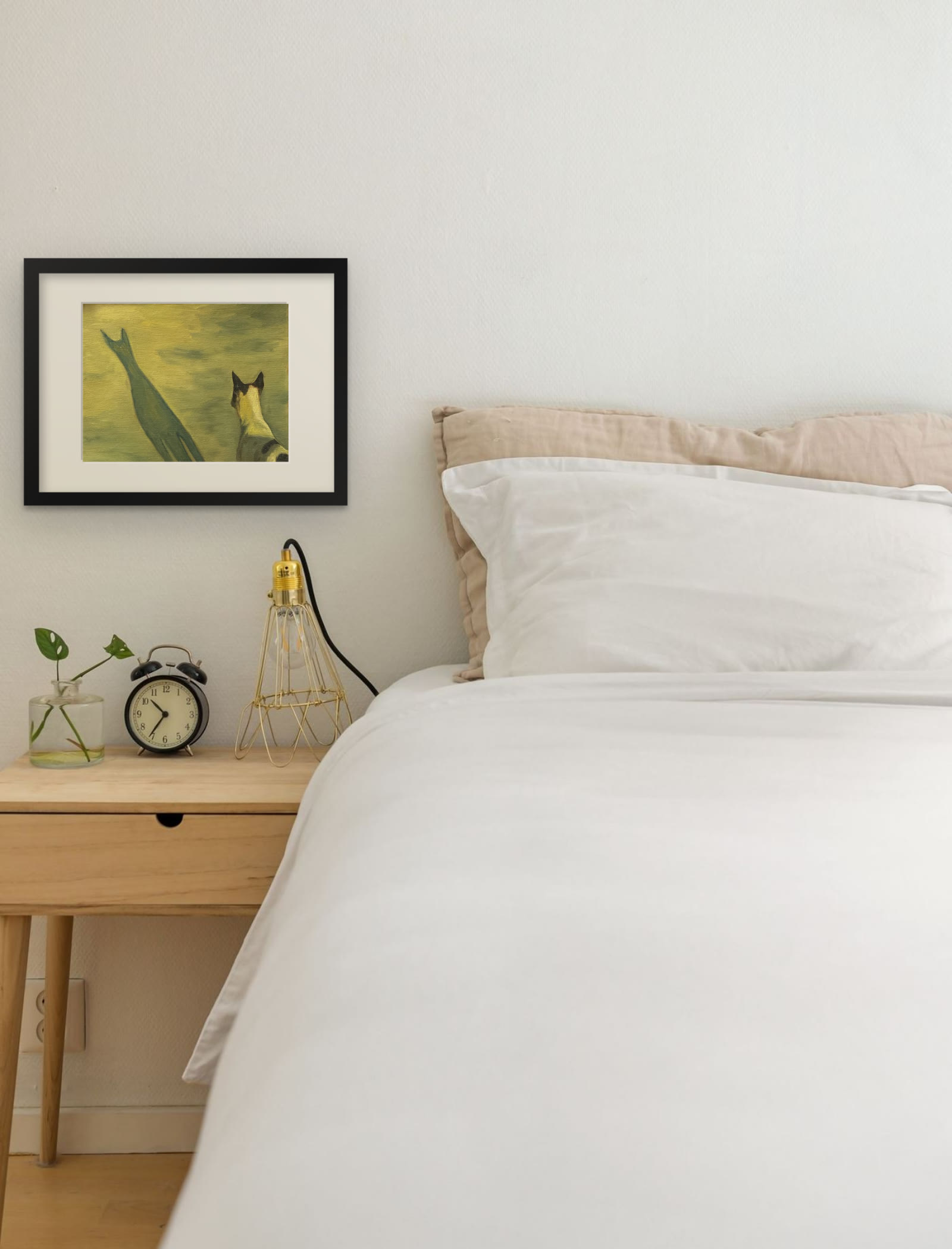 The Dog and his Shadow, art print by Riya Kumari, framed beside a bed