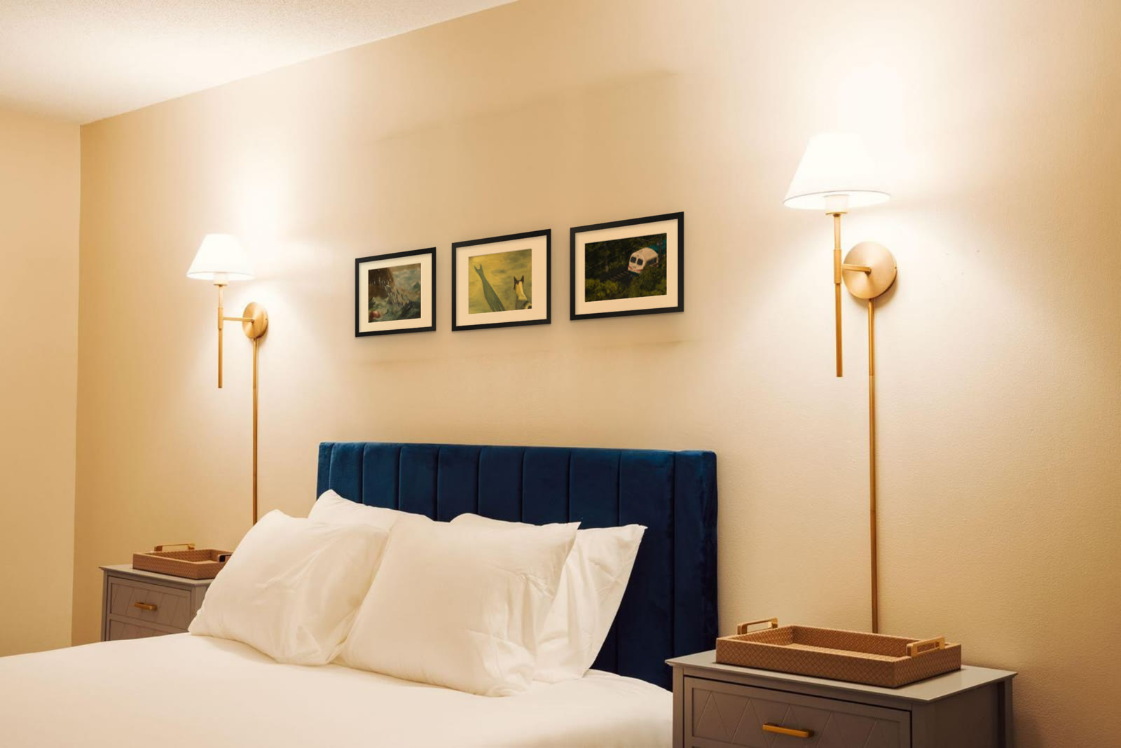 The Dog and his Shadow, art print by Riya Kumari, framed above a hotel bed, with two other prints