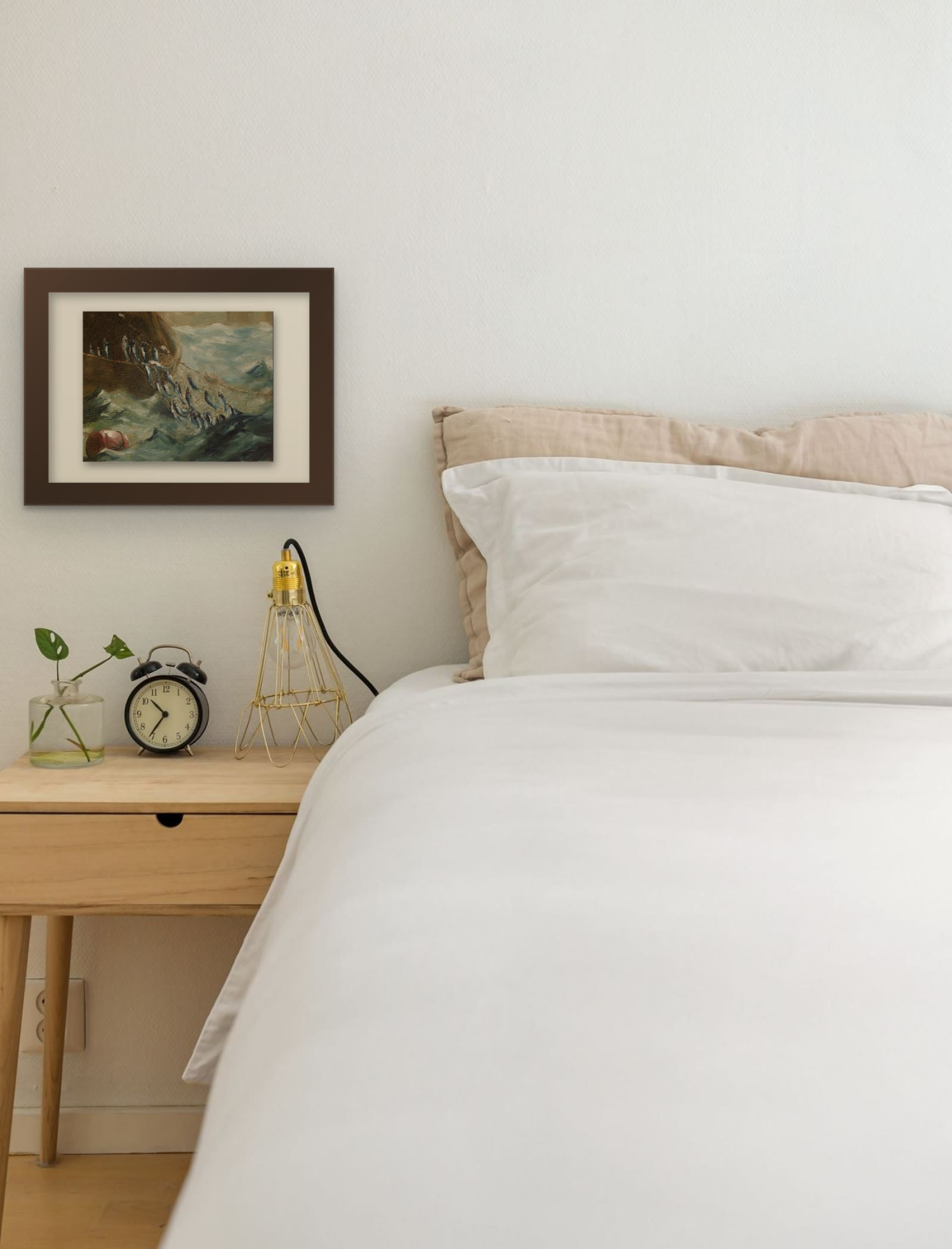 The Herring Net, hand-painted oil painting after Winslow Homer by Riya Kumari, framed beside a bed