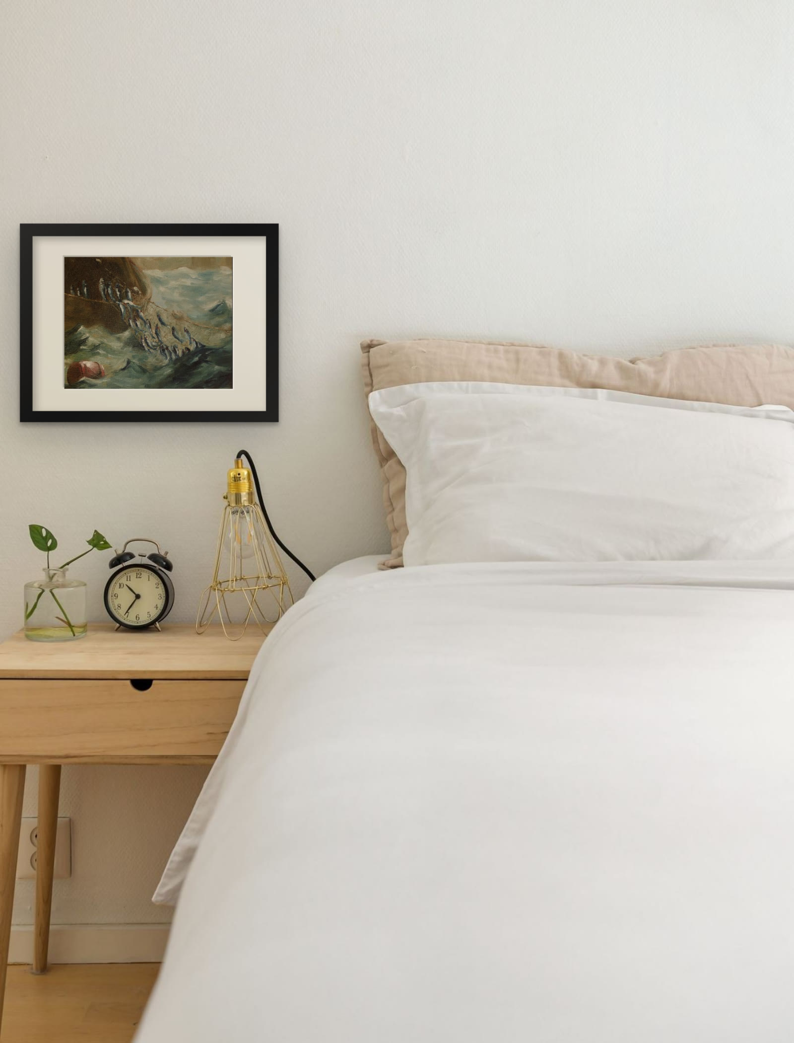 The Herring Net, art print after Winslow Homer by Riya Kumari, framed beside a bed