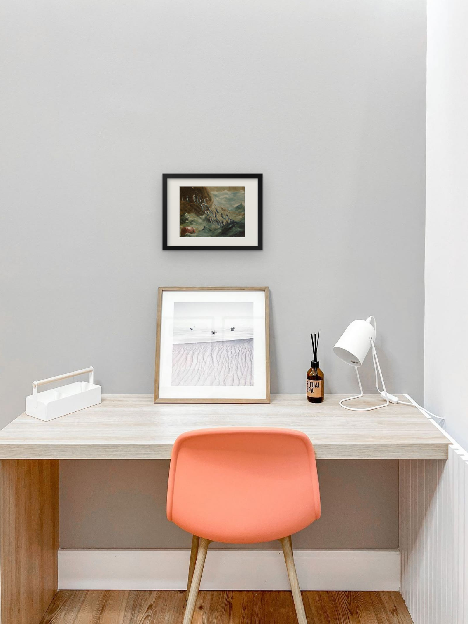 The Herring Net, art print after Winslow Homer by Riya Kumari, framed above a desk