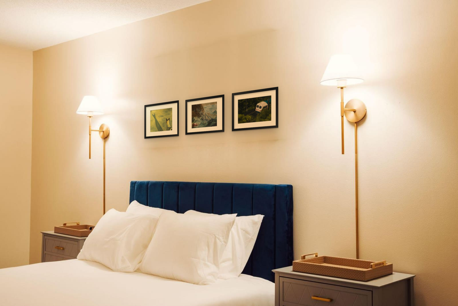 The Herring Net, art print after Winslow Homer by Riya Kumari, framed above a hotel bed, with two other prints