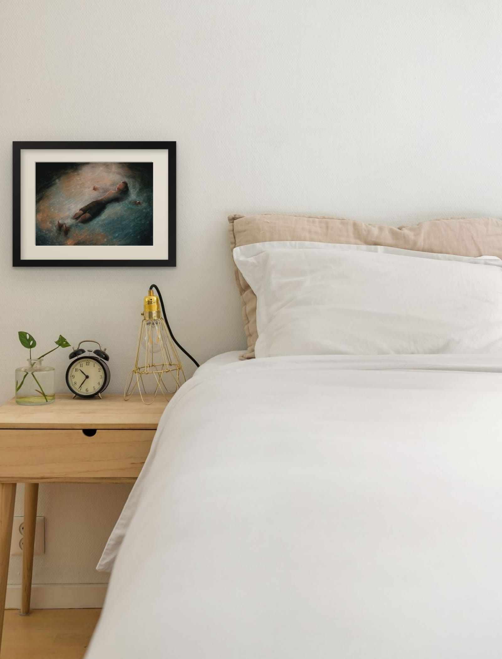 Wait, art print by Riya Kumari, framed beside a bed